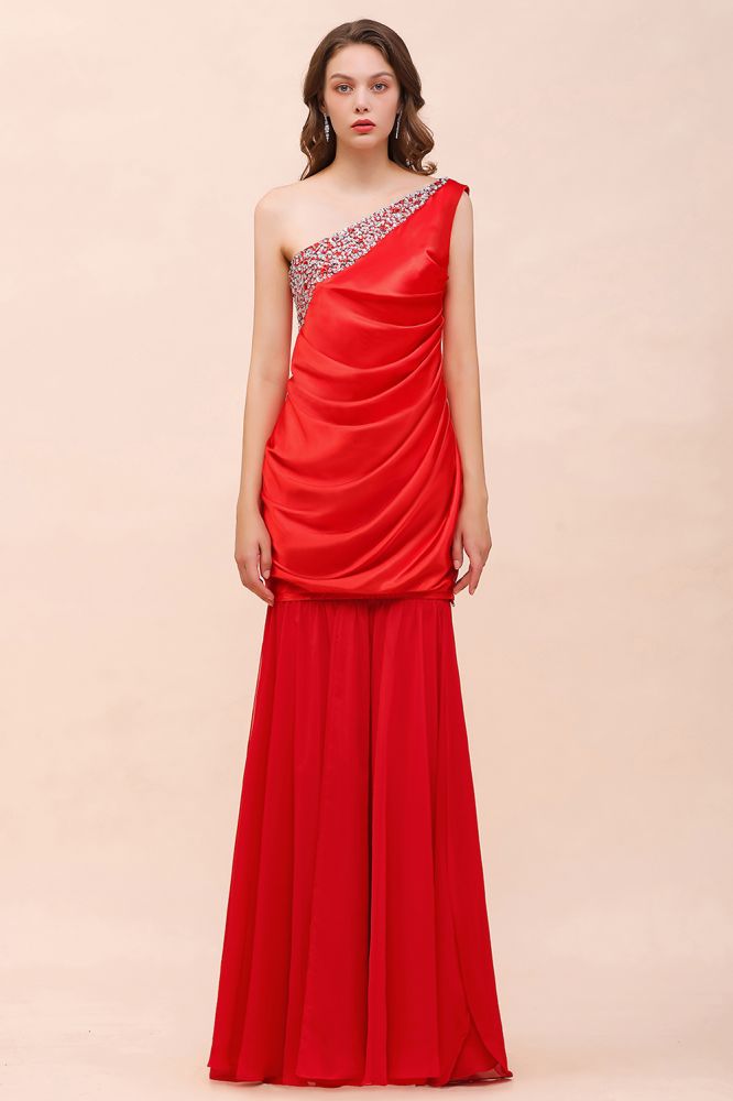 One Shoulder Strech Satin Red Ruffle Bridesmaid Dress Floor Length/Mini Party Dress-misshow.com