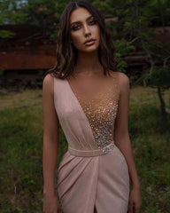 Pink Evening Dresses Long V Neck | Prom dresses with glitter-misshow.com