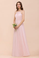 Pink Girls Bridesmaid Dress Halter Floor Length Chiffon Beach Wedding Party Dress-misshow.com