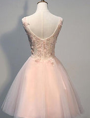 Pink Lace Short Prom Dresses Evening Dresses With Lace Appliques A Line Tulle Evening Wear-misshow.com