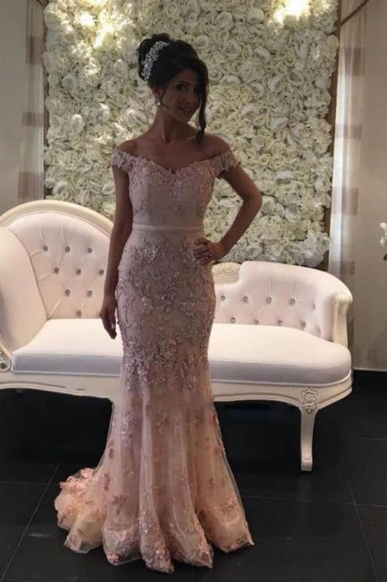 Pink Long Off-the-shouder Glitter Lace Mermaid Prom Dresses-misshow.com