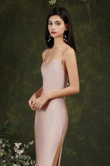 Pink Spaghetti Straps Sleeveless Mermaid Satin Prom Dresses-misshow.com