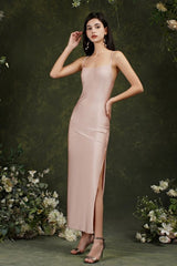 Pink Spaghetti Straps Sleeveless Mermaid Satin Prom Dresses-misshow.com