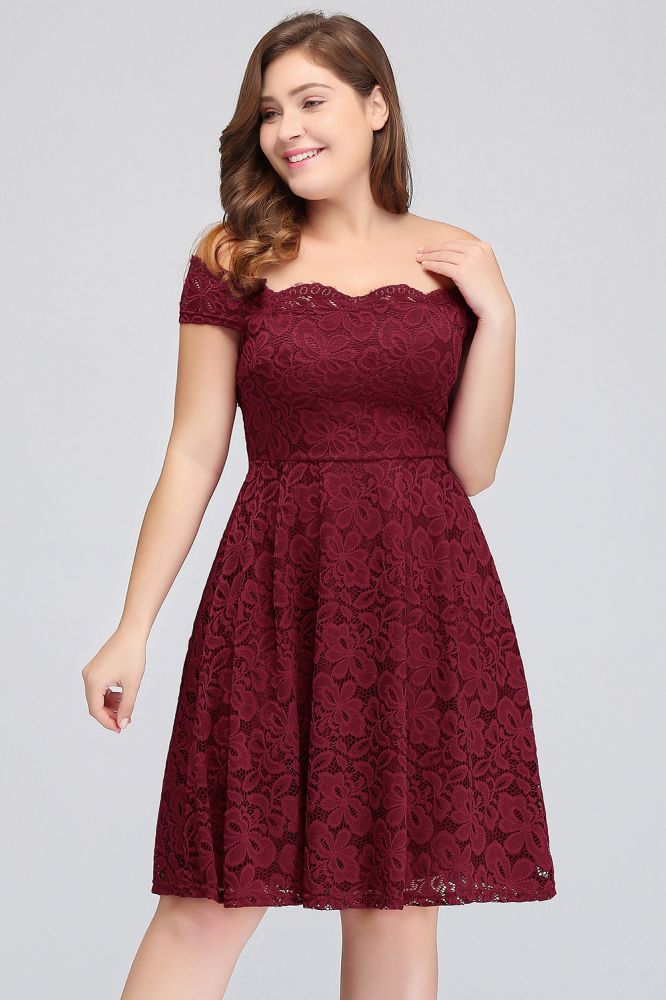 Looking for plussizedress in Lace, A-line style, and Gorgeous Lace work  MISSHOW has all covered on this elegant Plus size Burgundy A-Line Off-Shoulder Knee Length Lace Cocktail Dresses.