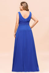 Plus Size Chiffon Sleeveless Royal Blue Bridesmaid Dress V-neck Simple Wedding Dress-misshow.com