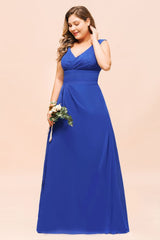 Plus Size Chiffon Sleeveless Royal Blue Bridesmaid Dress V-neck Simple Wedding Dress-misshow.com