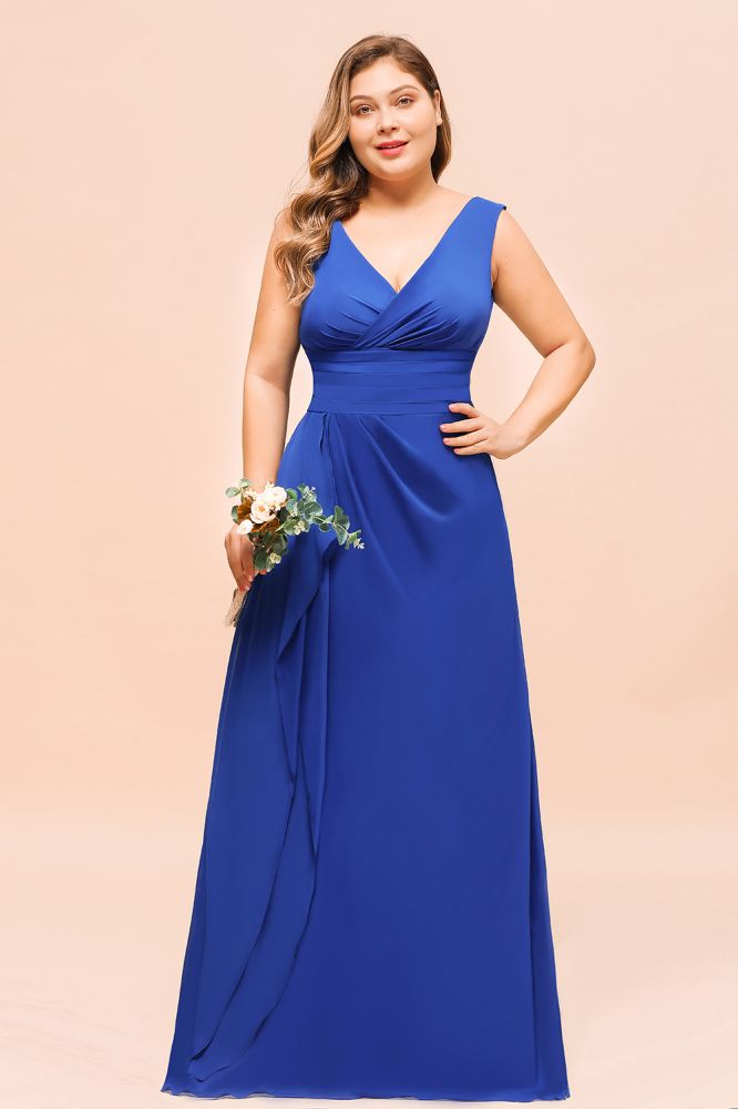 Plus Size Chiffon Sleeveless Royal Blue Bridesmaid Dress V-neck Simple Wedding Dress-misshow.com