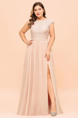 Plus Size Lace Pearl Pink Bridesmaid Dress Short Sleeves Side Split Wedding Party Dress-misshow.com