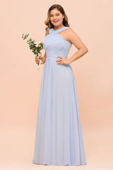 Plus Size Lavender Bridesmaid Dress Halter Floor Length Wedding Guest Dress-misshow.com