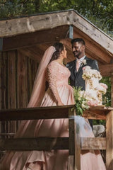 Plus Size Wedding Dress Floral Tulle A-line Bridal Gown with Long Sleeves-misshow.com