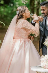 Plus Size Wedding Dress Floral Tulle A-line Bridal Gown with Long Sleeves-misshow.com