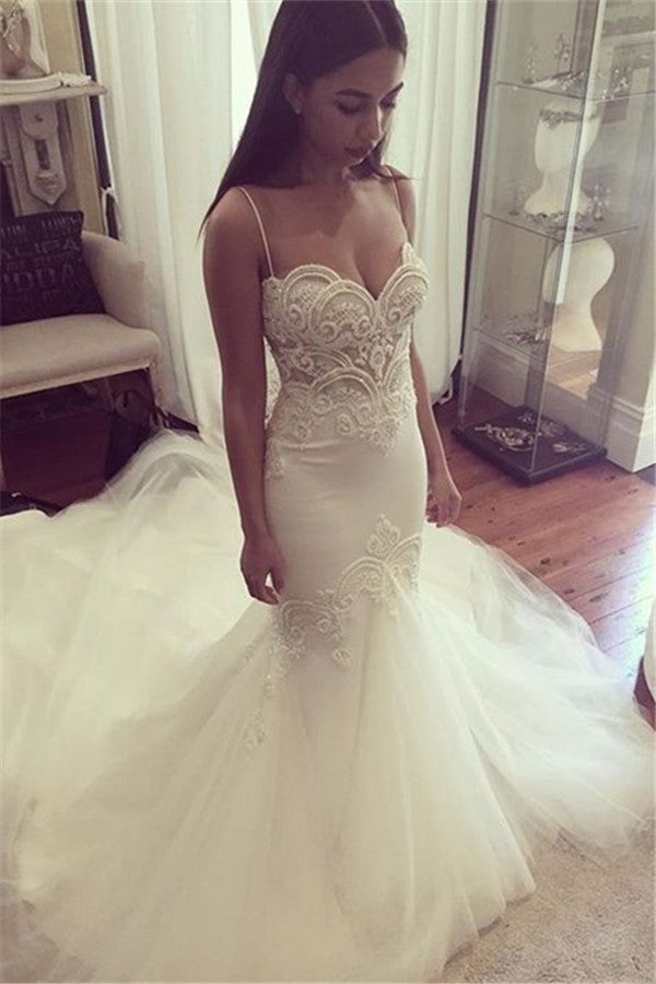 Pretty Spaghetti-Straps Sweetheart Wedding Dress Summer Sheath Tulle Bridal Gown-misshow.com