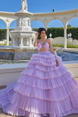 Princess A-line Lilac Straps Ruffles Sleeveless Prom Dress-misshow.com