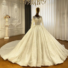 Princess Elegant A-line Long Sleeves Lace Wedding Dress With Train-misshow.com