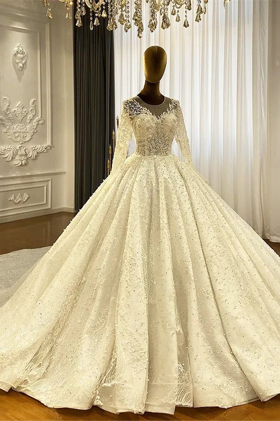 Princess Elegant A-line Long Sleeves Lace Wedding Dress With Train-misshow.com