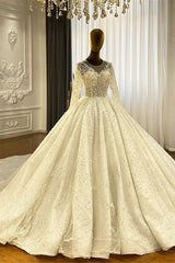 Princess Elegant A-line Long Sleeves Lace Wedding Dress With Train-misshow.com