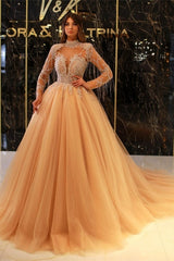 Princess Long Gold High Neck A-line Beading Evening Dresses With Long Sleeves-misshow.com