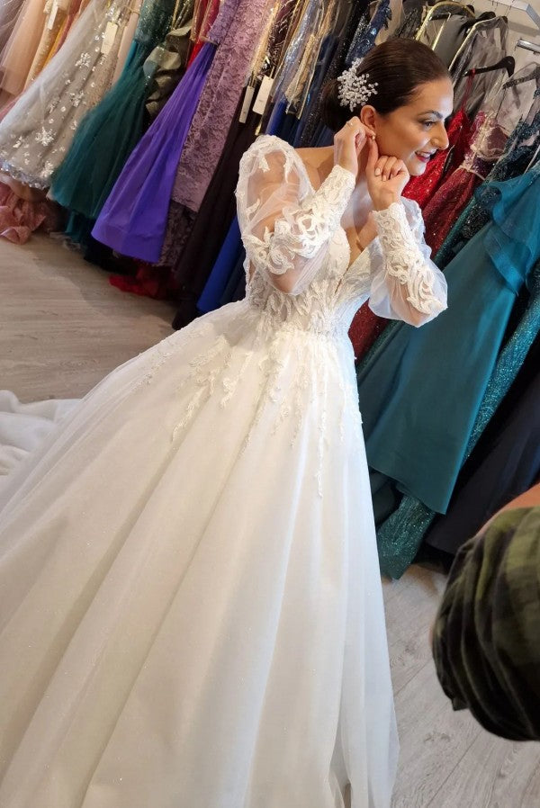 Princess Long V-neck A-line Lace Wedding Dresses With Long Sleeves-misshow.com