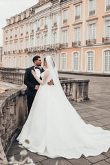 Princess Long White A-line Wedding Dresses With Long Sleeves-misshow.com