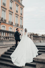 Princess Long White A-line Wedding Dresses With Long Sleeves-misshow.com