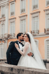 Princess Long White A-line Wedding Dresses With Long Sleeves-misshow.com