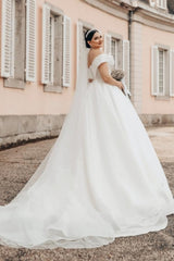 Princess Long White Off-the-shoulder A-line V-neck Organza Satin Wedding Dress