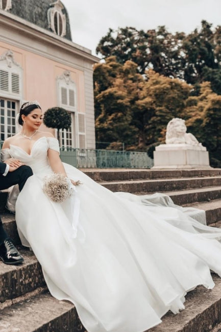 Princess Long White Off-the-shoulder A-line V-neck Organza Satin Wedding Dress