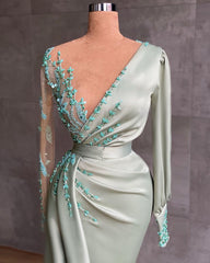 Prom dresses long mint green Evening dresses with sleeves-misshow.com