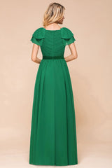 Puff Sleeve Floor Length Bridesmaid Dress A-line Wedding Guest Dress-misshow.com