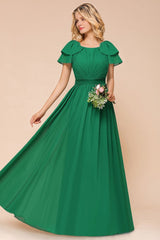 Puff Sleeve Floor Length Bridesmaid Dress A-line Wedding Guest Dress-misshow.com