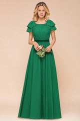 Puff Sleeve Floor Length Bridesmaid Dress A-line Wedding Guest Dress-misshow.com