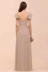 Puff Sleeve Khaki Bridesmaid Dress Side Spolit Maid of honor dress-misshow.com