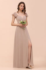 Puff Sleeve Khaki Bridesmaid Dress Side Spolit Maid of honor dress-misshow.com