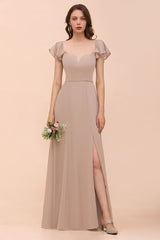 Puff Sleeve Khaki Bridesmaid Dress Side Spolit Maid of honor dress-misshow.com