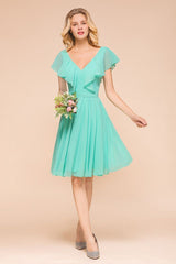 Puffy Knee Length Bridesmaid Dress Chiffon V-Neck Casual Short Dress-misshow.com