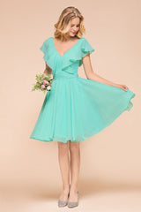 Puffy Knee Length Bridesmaid Dress Chiffon V-Neck Casual Short Dress-misshow.com