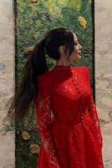 Red A-Line Short Lace Long Sleeve Cocktail Dress Party Dresses-misshow.com