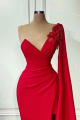 Red One-shoulder Sleeveless Mermaid Satin Floor-Length Prom Dresses with Ruffles-misshow.com