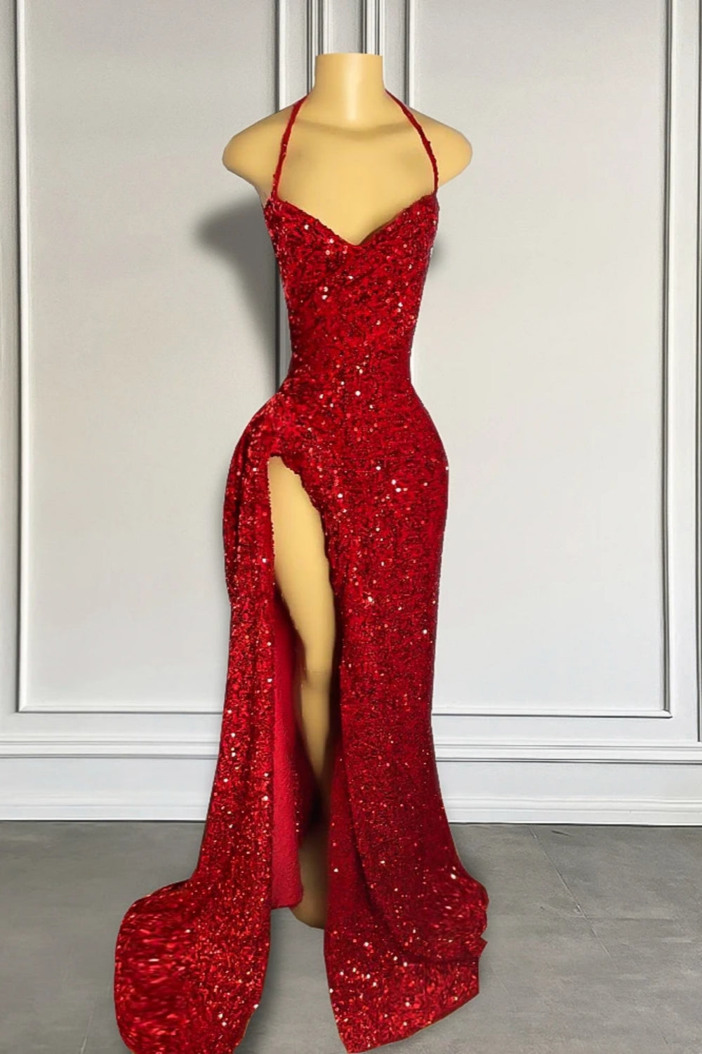 Red Sequins Prom Dress with Slit Shiny Floor-Length Party Dress