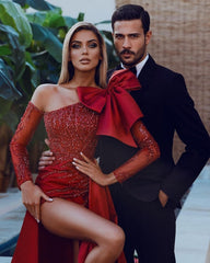 Red Sexy Long Glitter Prom Dresses With Sleeves-misshow.com