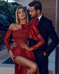 Red Sexy Long Glitter Prom Dresses With Sleeves-misshow.com