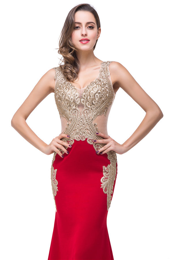 MISSHOW offers gorgeous Red V-neck party dresses with delicately handmade Beading,Appliques in size 0-26W. Shop Floor-length prom dresses at affordable prices.