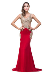 MISSHOW offers gorgeous Red V-neck party dresses with delicately handmade Beading,Appliques in size 0-26W. Shop Floor-length prom dresses at affordable prices.