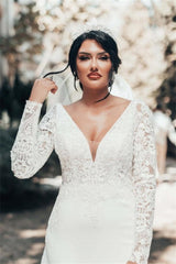 Romantic Backless Long Sleeves Mermaid Wedding Dresses-misshow.com