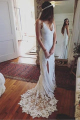 Romantic Boho Deep U Neck Backless Lace Pretty Mermaid Elegant Wedding Dresses