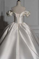 Romantic Off-the-shoulder Ball Gown Satin Wedding Dresses-misshow.com