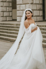 Romantic off-the-shoulder cap sleeves a-line tulle Wedding dress-misshow.com