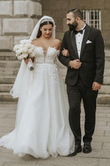 Romantic off-the-shoulder cap sleeves a-line tulle Wedding dress-misshow.com