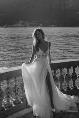 Romantic spaghetti straps sleeveless a-line lace Wedding dresses-misshow.com