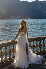 Romantic spaghetti straps sleeveless a-line lace Wedding dresses-misshow.com